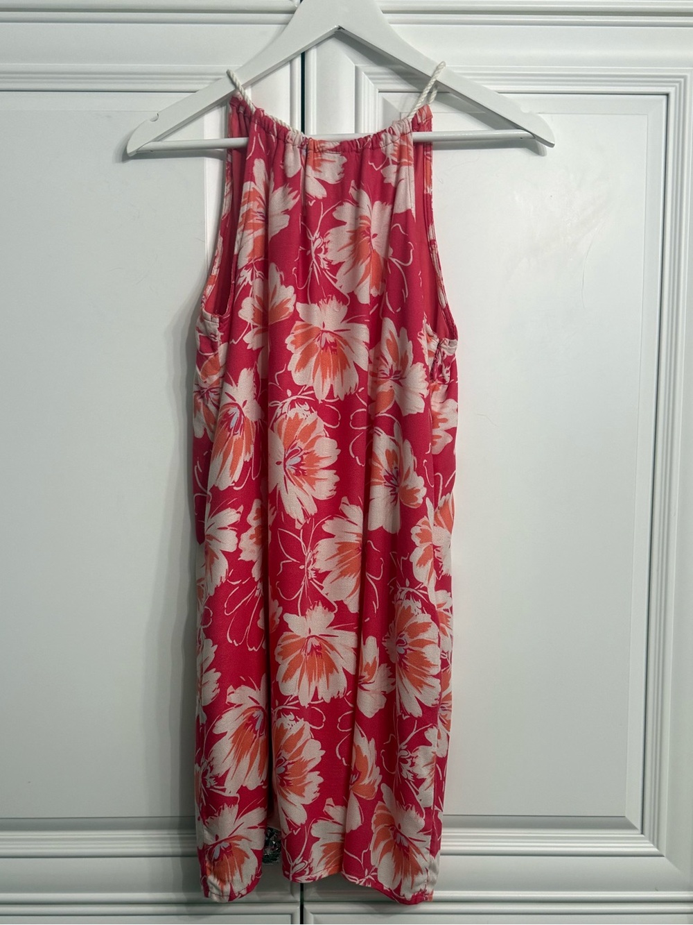 Hollister Coral Pink Floral Halter Shift Mini Dress Tropical Hibiscus Summer XS